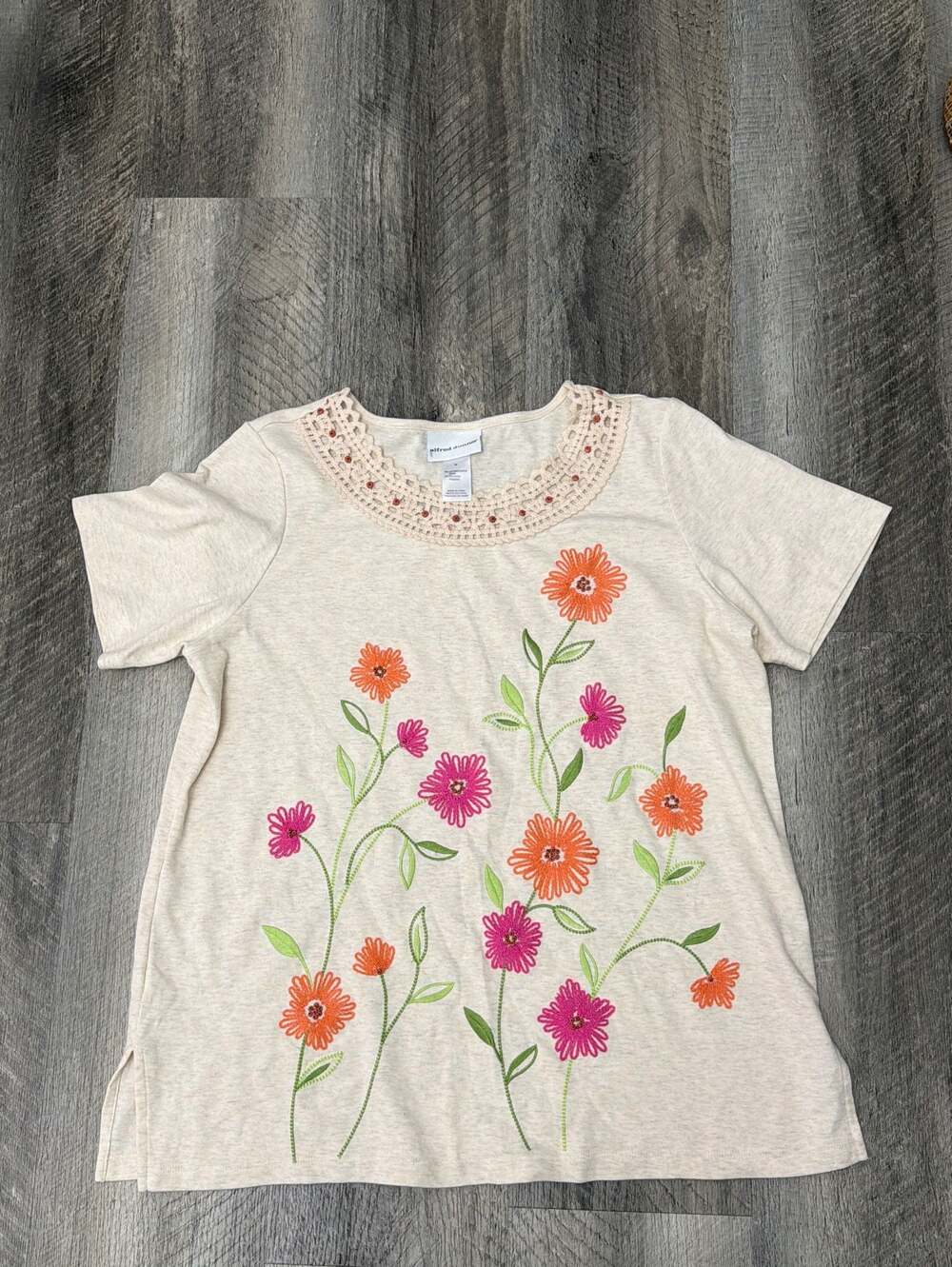 Alfred Dunner Short Sleeve Embroidered Floral Top with Crochet Neckline